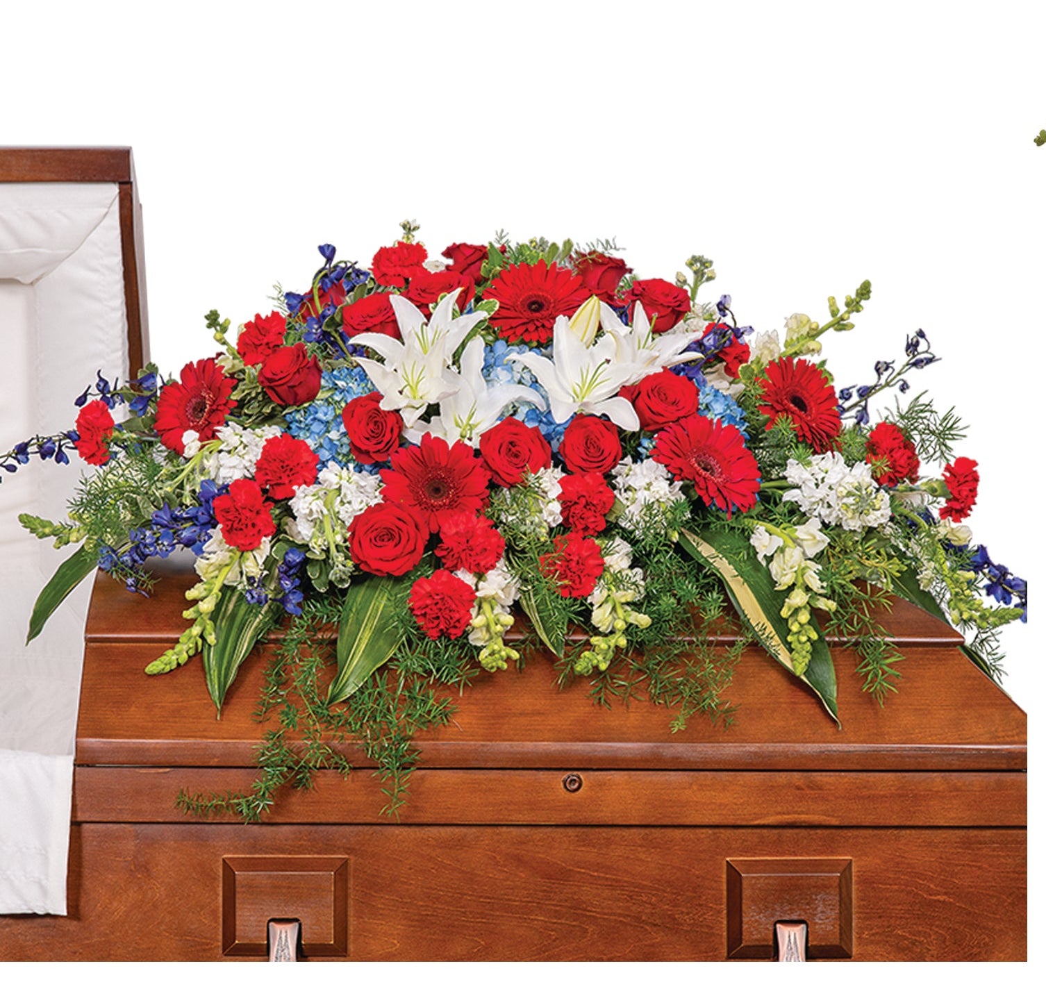 Red white and blue casket spray for a special tribute.