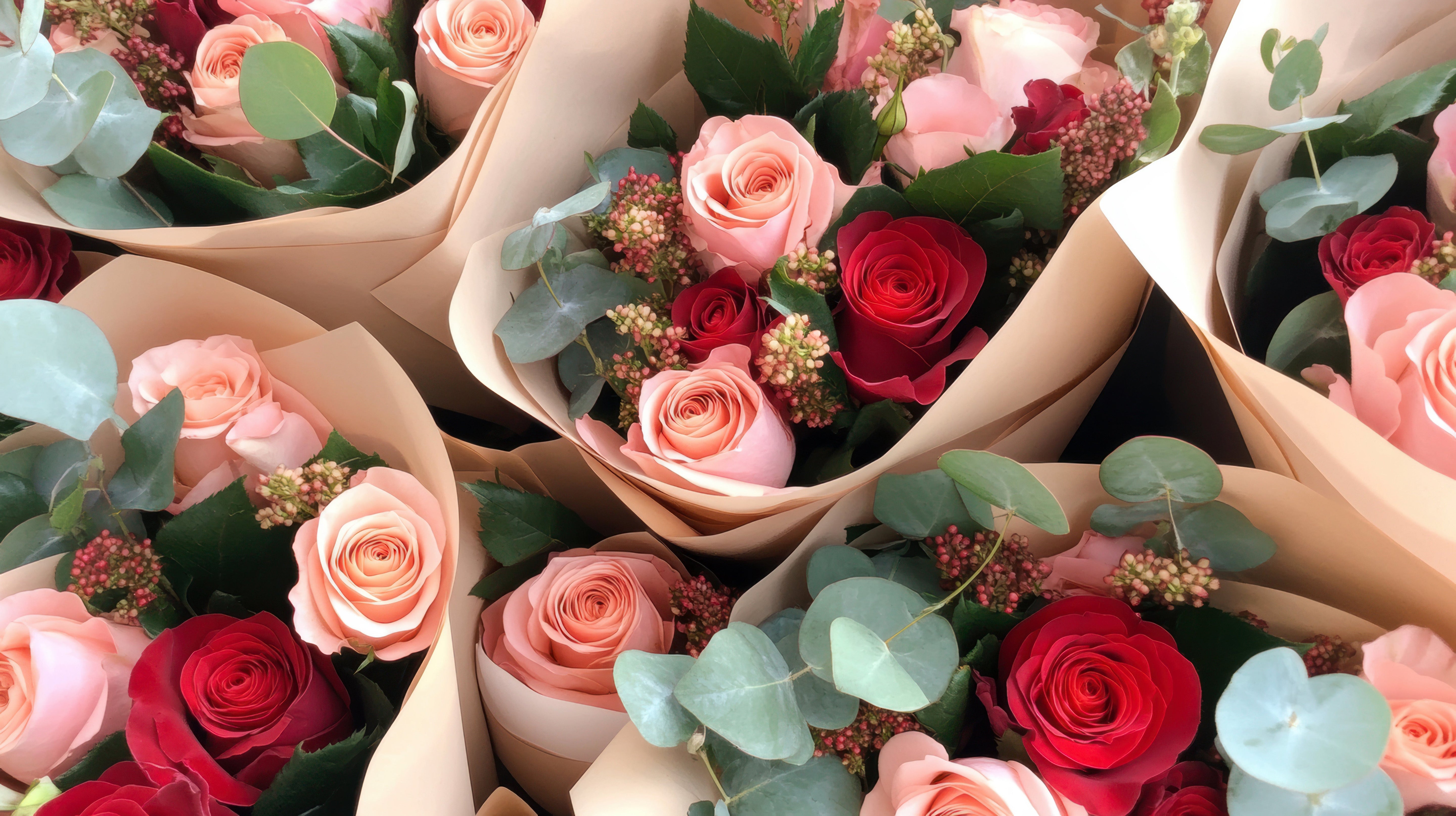 Wrapped mixed flower bouquet, alternate view