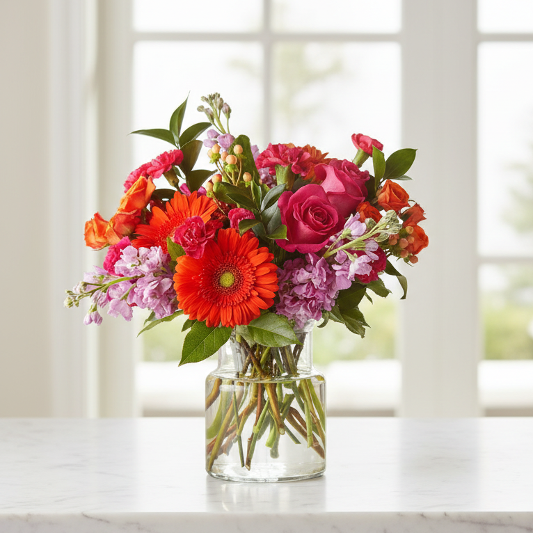 A vibrant mixed flower bouquet in a clear glass vase, featuring red and orange gerbera daisies, pink roses, and purple stock, displayed on a white marble countertop in front of a softly blurred window.