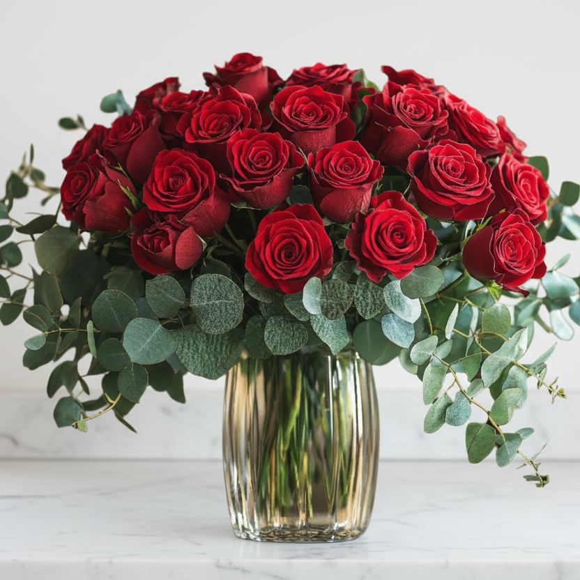 Bouquet of red roses in a clear vase on a white surface with a light background
