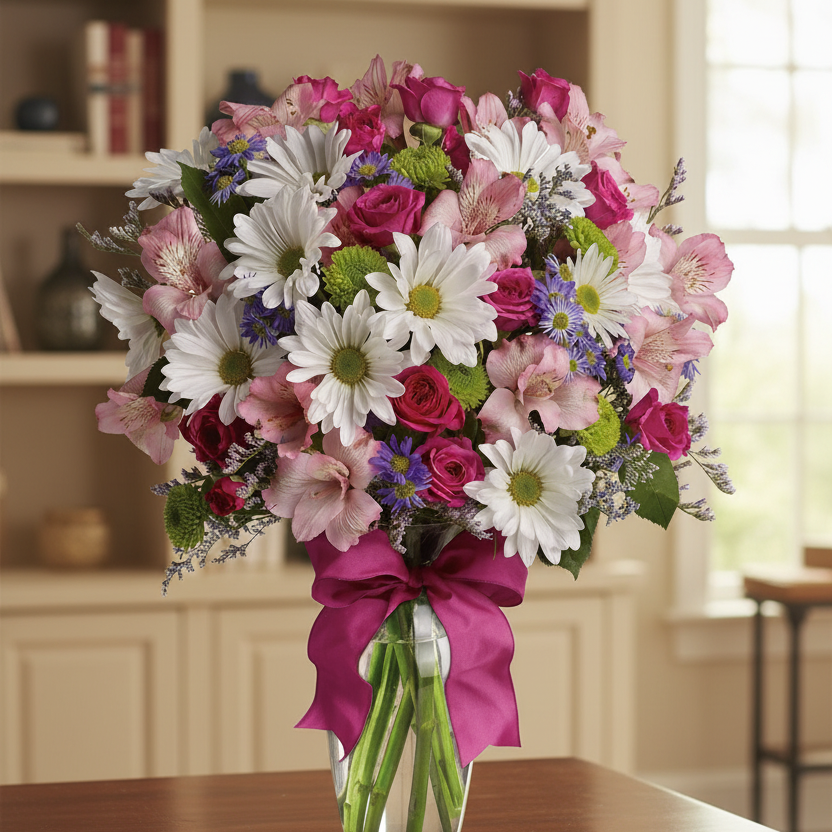 A vibrant floral arrangement of white daisies, pink roses, purple flowers, and green foliage in a clear glass vase with a magenta ribbon, displayed on a wooden table in a warm, softly lit room.