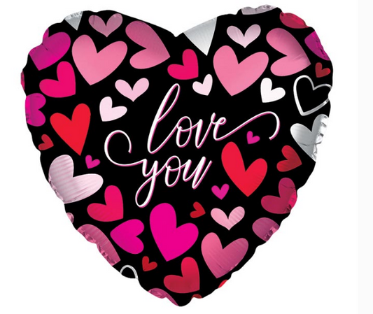 17" Love You Coral Hearts on Black Balloon