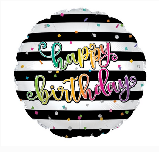 17" Happy Birthday Black & White Stripes Balloon