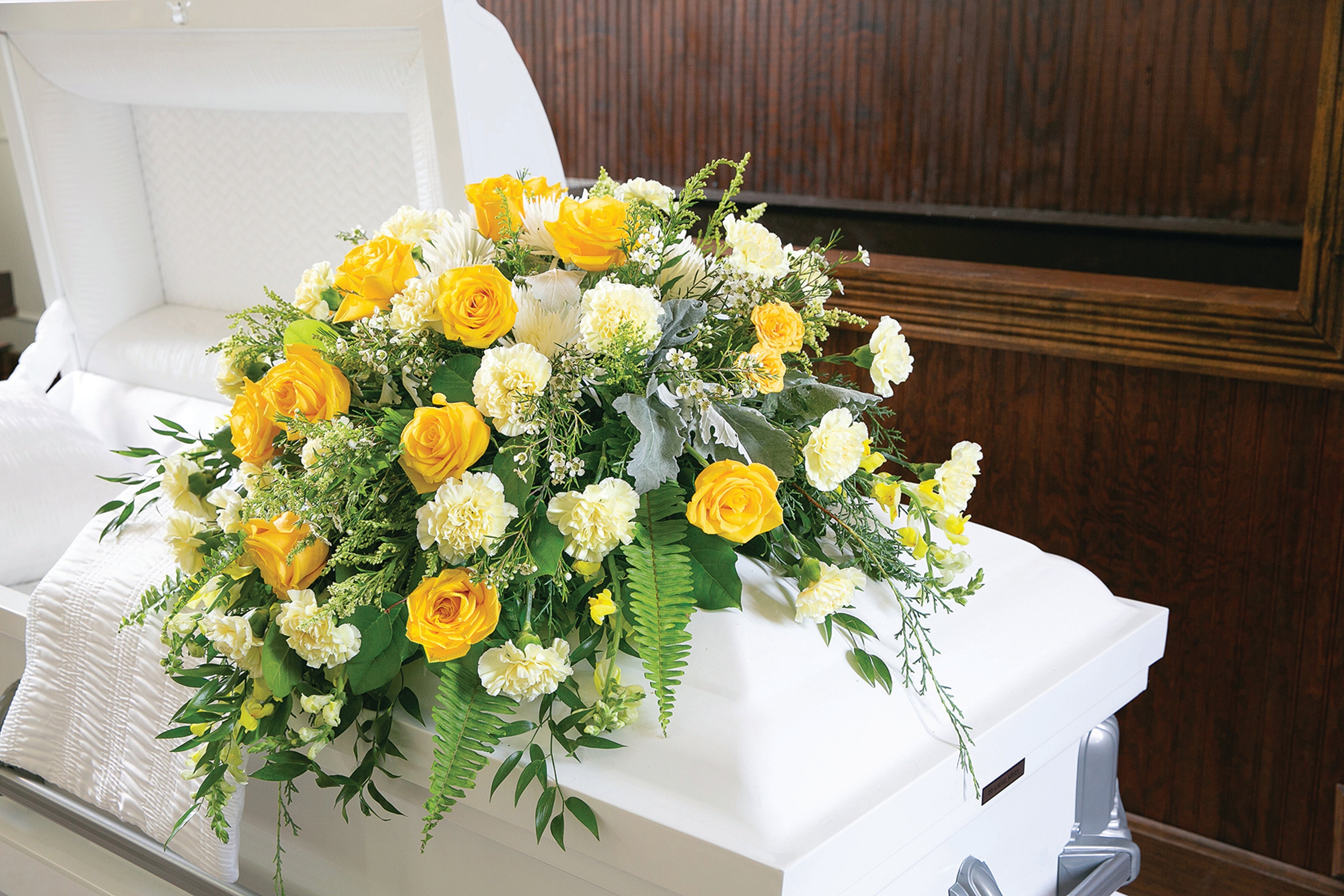Sunrise Casket Spray, yellow roses and white chrysanthemums, main view