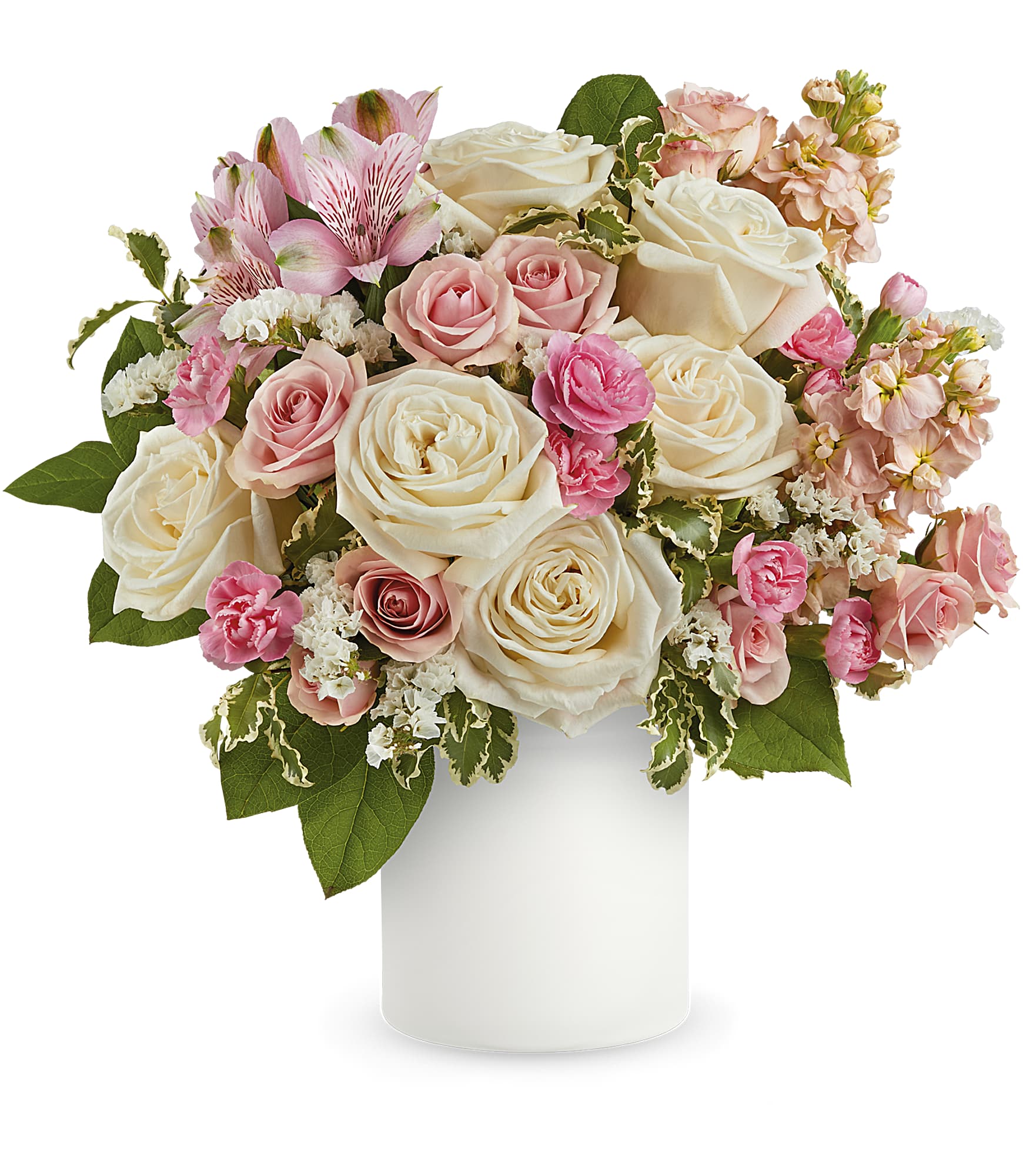 Bouquet of pink and white flowers in a white vase on a white background