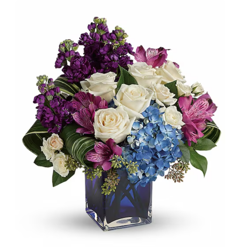 Portrait in Purple bouquet with blue hydrangea and roses, Premium size, same-day delivery Mount Horeb WI