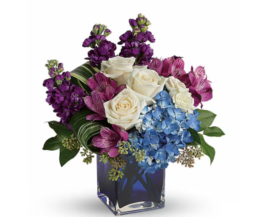 Portrait in Purple bouquet with blue hydrangea and roses, Standard size, Mount Horeb florist