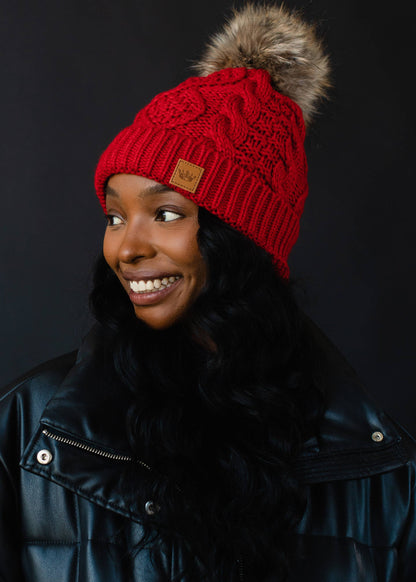 Red Cable Knit Pom Hat