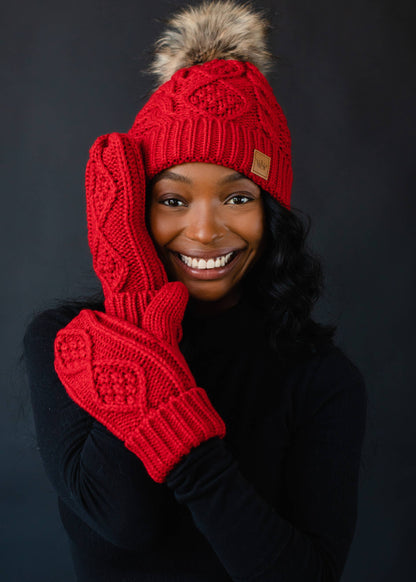 Red Cable Knit Pom Hat