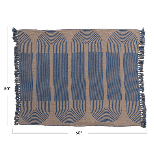 Woven Recycled Cotton Blend Throw w/ Pattern & Fringe, Blue & Tan Color