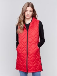 Long Quilted Puffer Vest With Hood - Cranberry