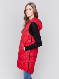 Long Quilted Puffer Vest With Hood - Cranberry