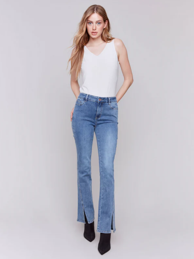 Bootcut Jeans with Front Slits - Medium Blue