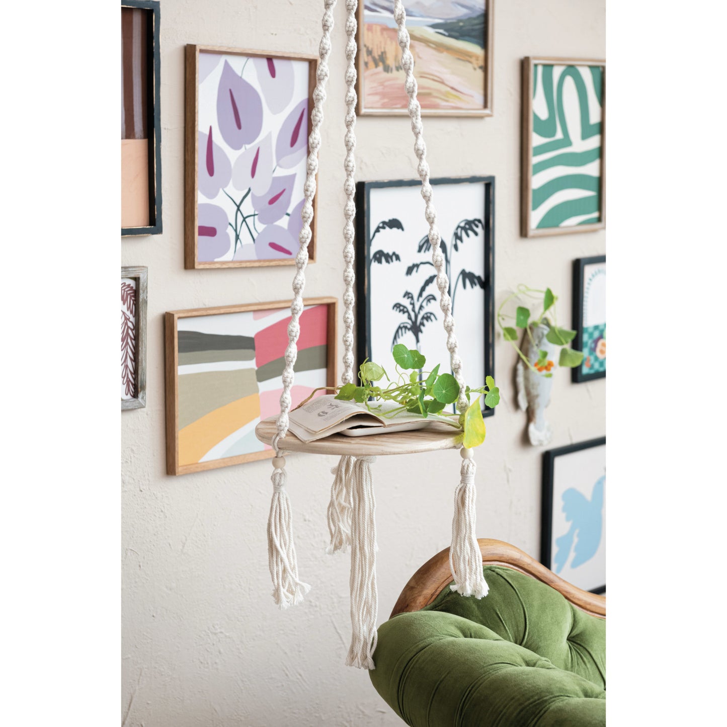 Wood & Cotton Macrame Plant Hanger/Shelf (Holds 12" Pot)