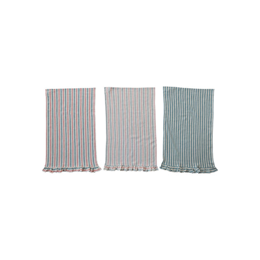 Woven Cotton Tea Towel w/ Stripes & Ruffle