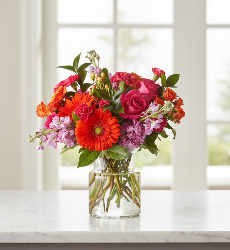 A vibrant mixed flower bouquet in a clear glass vase, featuring red and orange gerbera daisies, pink roses, and purple stock, displayed on a white marble countertop in front of a softly blurred window.