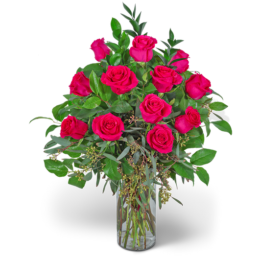 One Dozen Hot Pink Roses with Premium Greens and Vase