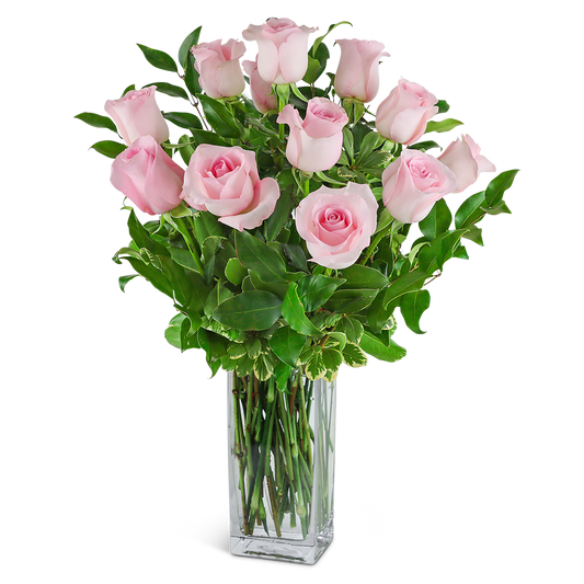 One Dozen Light Pink Roses with Premium Greens and Vase