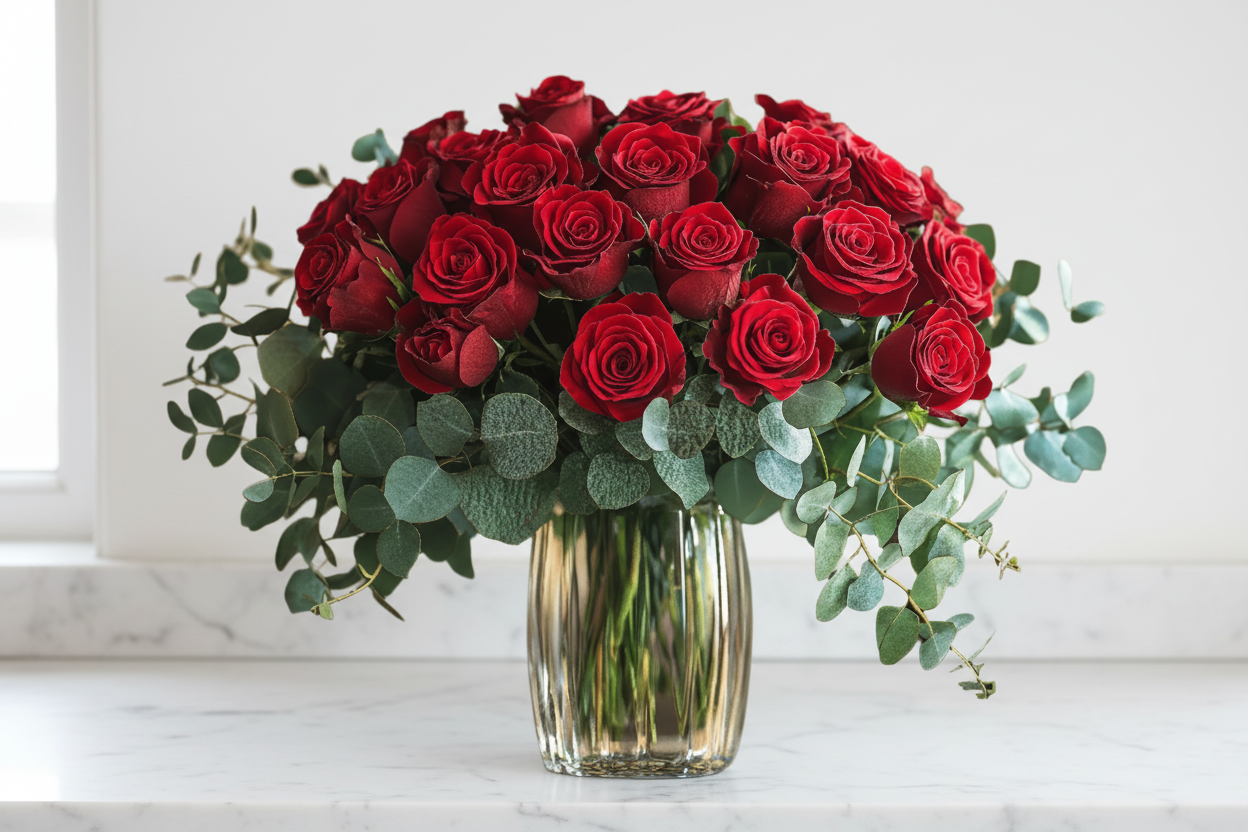 Bouquet of red roses in a clear vase on a white surface with a light background