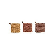 Square Cotton Crochet Pot Holder with Leather Loop