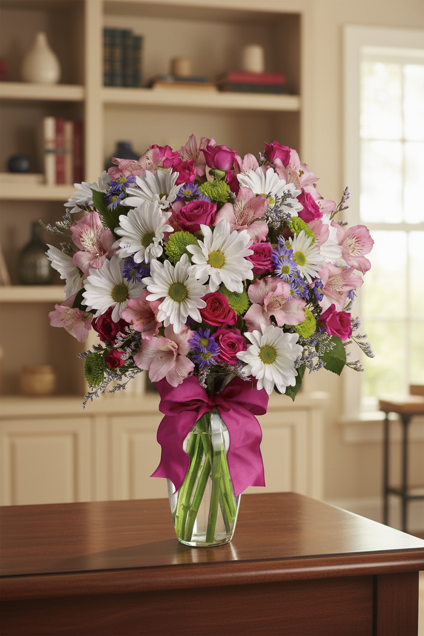 A vibrant floral arrangement of white daisies, pink roses, purple flowers, and green foliage in a clear glass vase with a magenta ribbon, displayed on a wooden table in a warm, softly lit room.