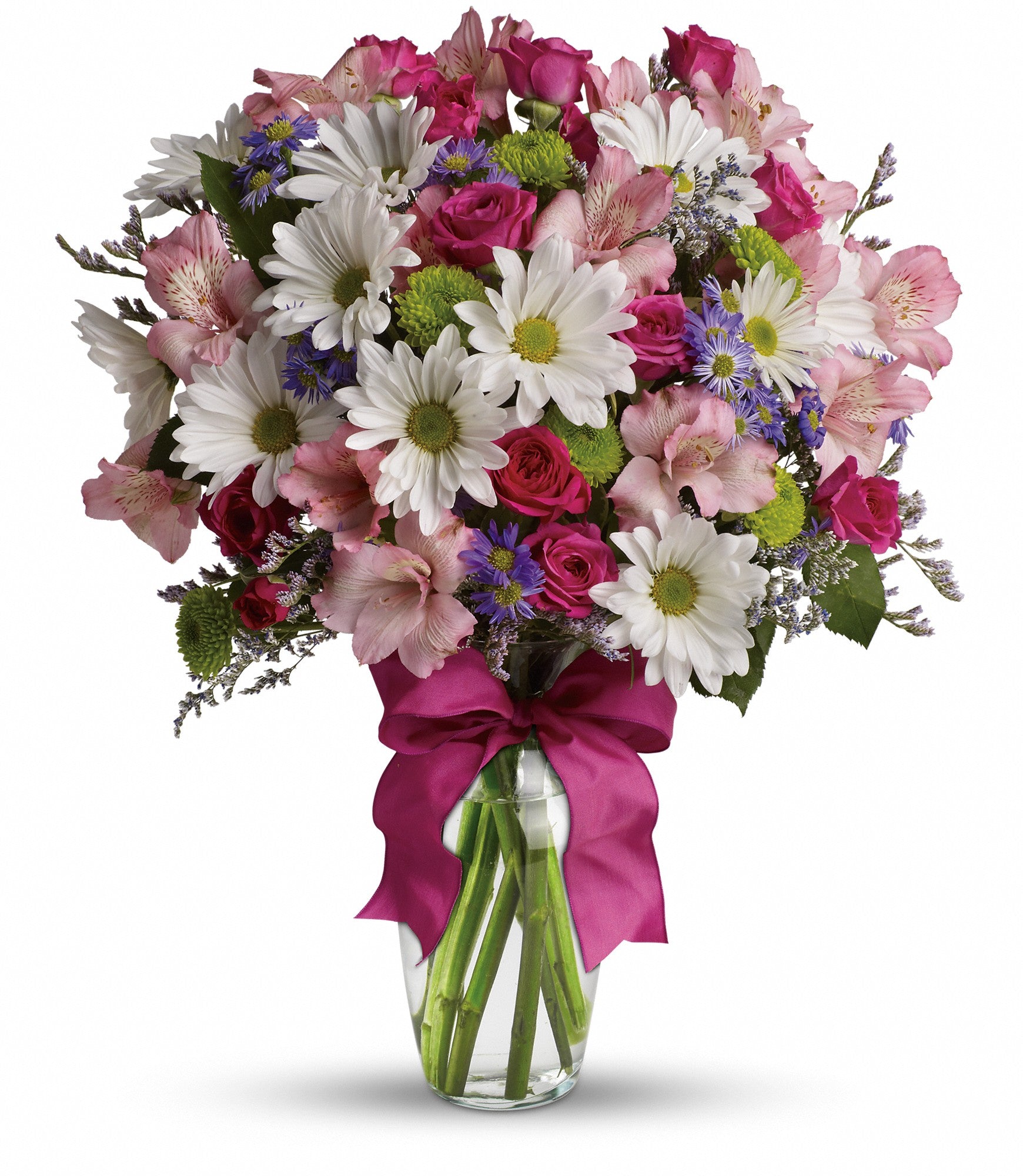 Bouquet of flowers with a pink ribbon in a clear vase on a white background
