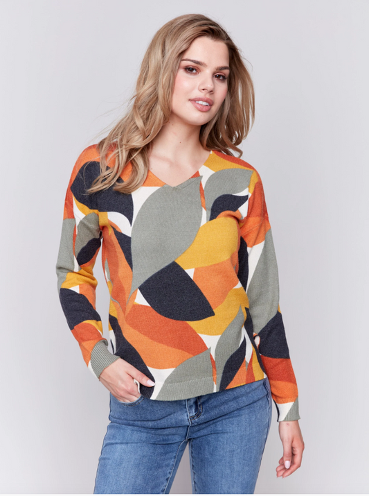 Printed Vneck Sweater - Spruce