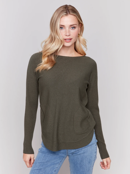 Round Hem Sweater with Front Pockets & Back Lacing - Spruce