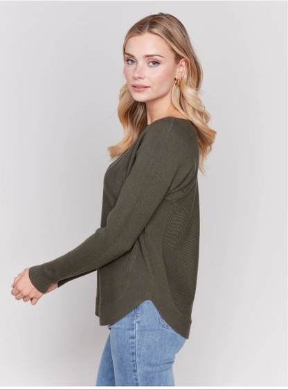 Round Hem Sweater with Front Pockets & Back Lacing - Spruce