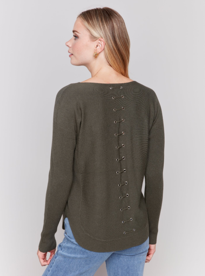 Round Hem Sweater with Front Pockets & Back Lacing - Spruce