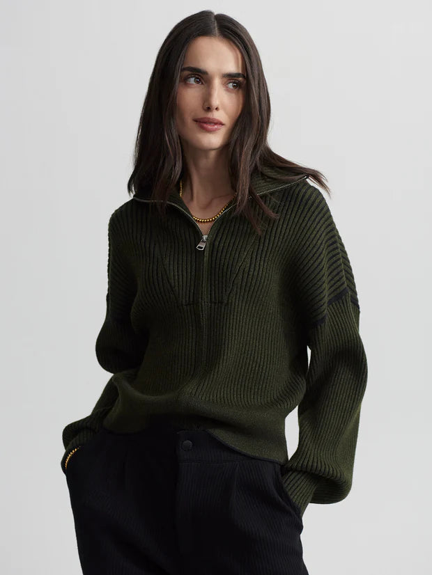 Carmen Rib Knit Zip Through, Dark Olive