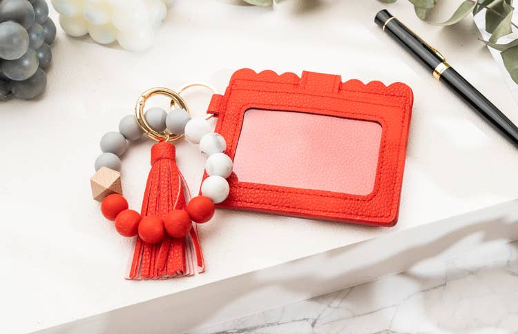 Leather Keychain Wallet With Wristlet Bangle Bracelet: Orange