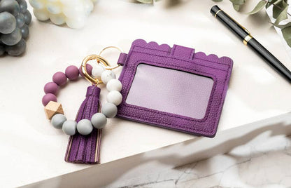 Leather Keychain Wallet With Wristlet Bangle Bracelet: Purple