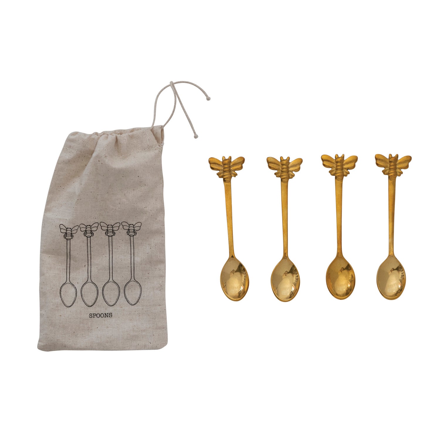 Brass Spoons w/ Bees, Set of 4 in Printed Drawstring Bag