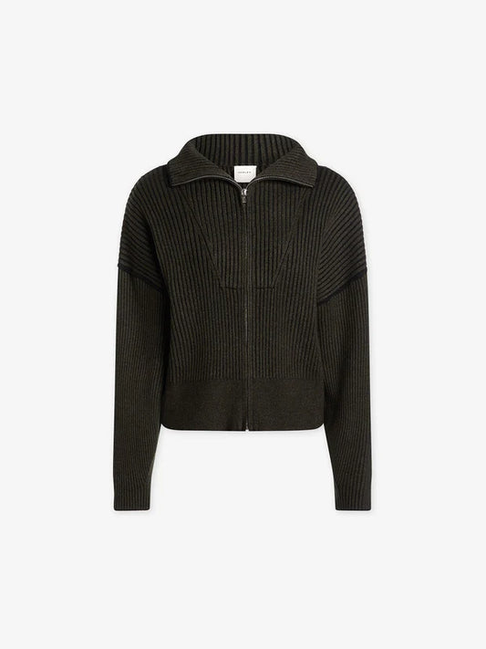 Carmen Rib Knit Zip Through, Dark Olive