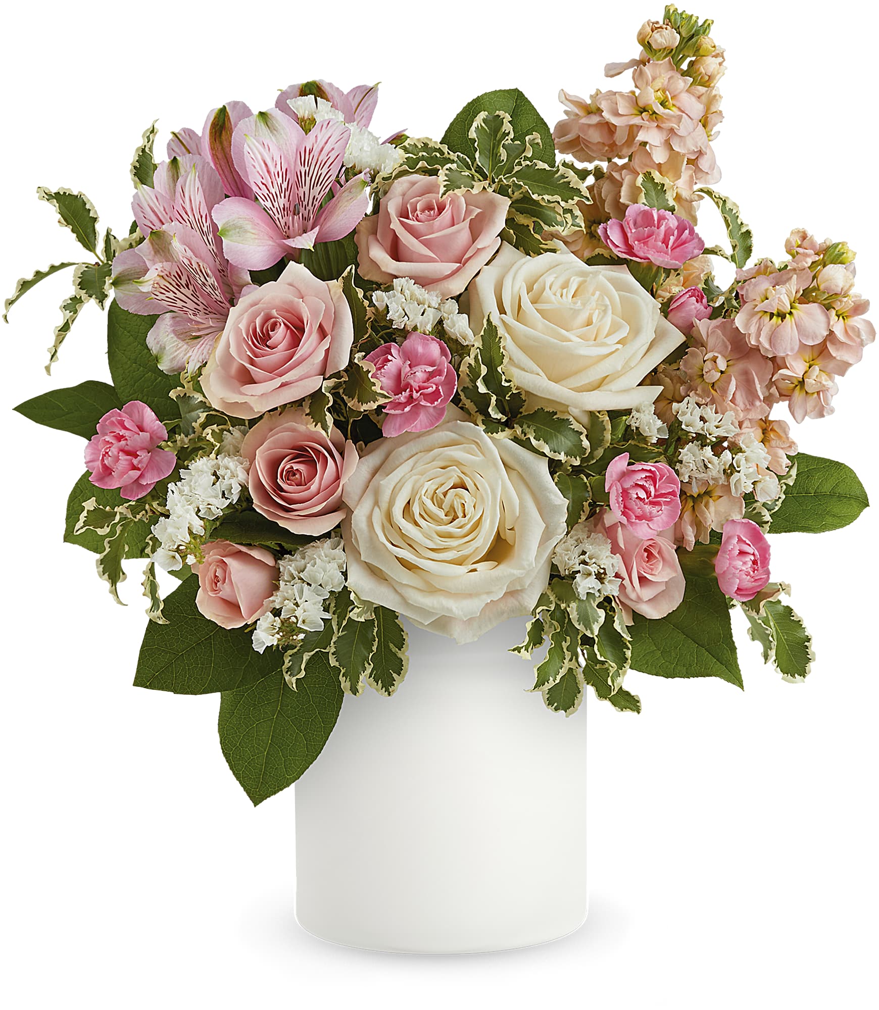 Bouquet of pink, white, and green flowers in a white vase on a white background
