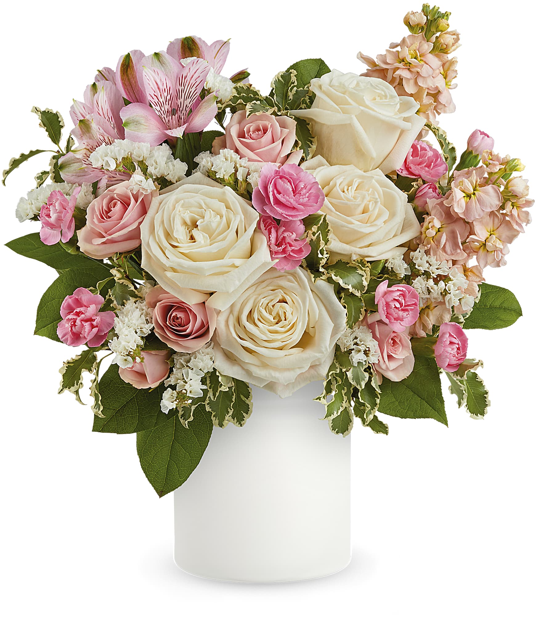 Bouquet of pink and white flowers in a white vase on a white background