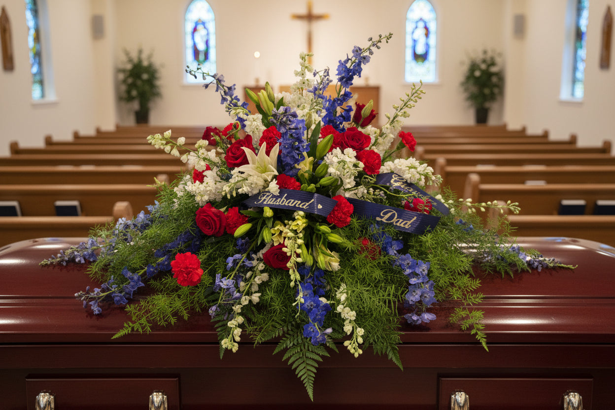 Floral arrangement with red, white, and blue flowers on casket for a funeral service