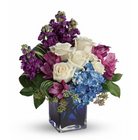 A floral bouquet with a variety of flowers including blue hydrangea, cream roses, white spray roses, purple alstroemeria, and purple stock, arranged in a blue cube vase.