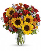 Pure Happiness bouquet with sunflowers and red roses, Deluxe size, Olson's Flowers Mount Horeb