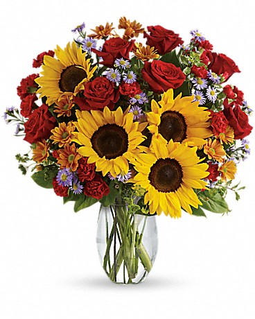 Pure Happiness bouquet with sunflowers and red roses, Deluxe size, Olson's Flowers Mount Horeb