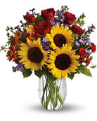 Pure Happiness bouquet with sunflowers and red roses, Premium size, same-day delivery Mount Horeb WI