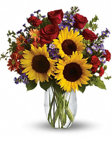 Pure Happiness bouquet with sunflowers and red roses, Premium size, same-day delivery Mount Horeb WI