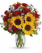 Pure Happiness bouquet with sunflowers and red roses, Standard size, Mount Horeb florist
