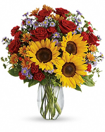 Pure Happiness bouquet with sunflowers and red roses, Standard size, Mount Horeb florist
