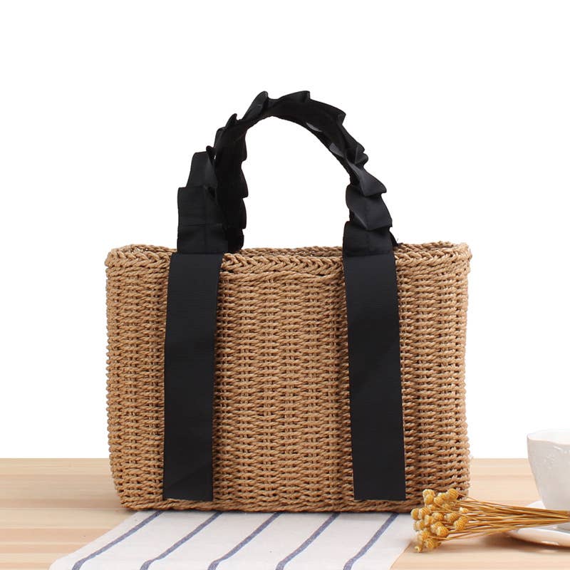 PEACH ACCESSORIES - A177 Natural straw square bag with fabric handles