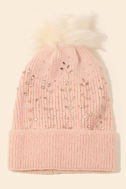 Rhinestone Pompom Knitted Beanie, Pink