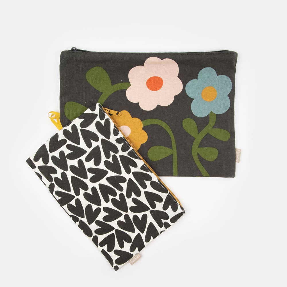 Multi Floral/ Mono Hearts Set of 2 Travel Pouches