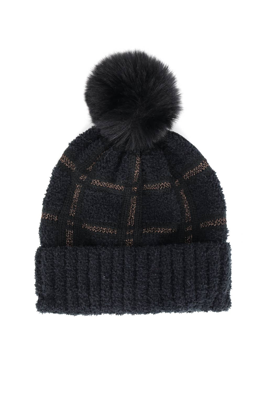 Plaid Pattern Pompom Beanie, Black