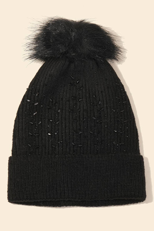 Rhinestone Pompom Knitted Beanie, Black